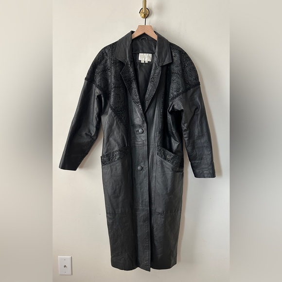 Vintage Black Contrasting Paisley Leather Panels Trench Jacket By: Studio C Sz L - Picture 5 of 12